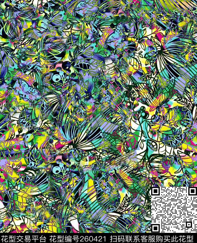 炫彩蝴蝶花卉数码印花华亿平台下载（图片编号: 260421） - 瓦栏（Walan）