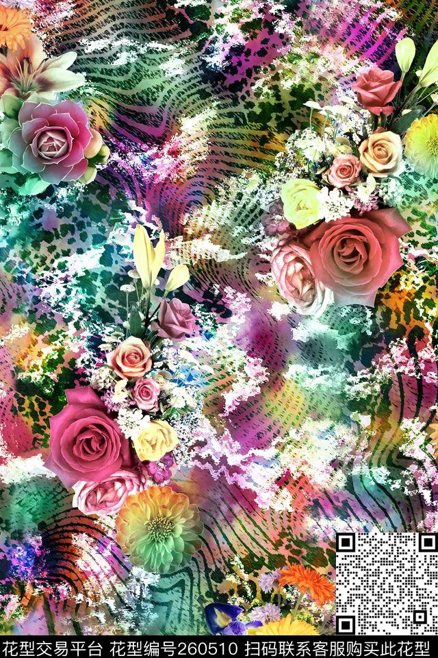 花卉动物纹炫彩数码印花华亿平台下载（图片编号: 260510） - 瓦栏（Walan）