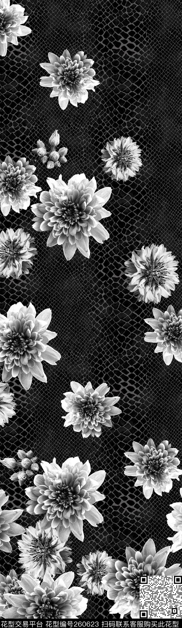 花卉定位黑白数码印花华亿平台下载（图片编号: 260623） - 瓦栏（Walan）