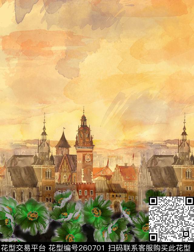 定位花卉建筑数码印花华亿平台下载（图片编号: 260701） - 瓦栏（Walan）