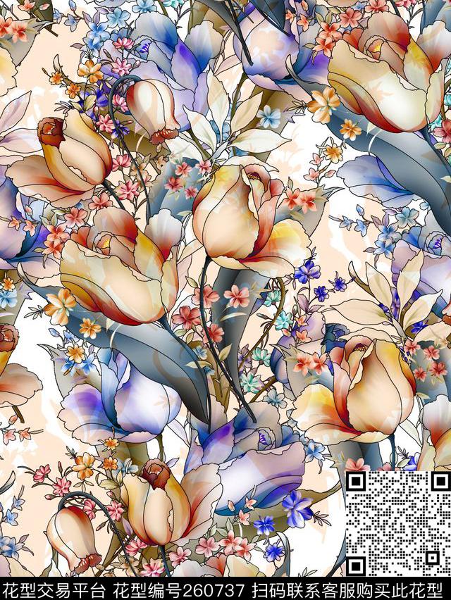 多彩花卉花朵清新淡雅花卉数码印花华亿平台下载（图片编号: 260737） - 瓦栏（Walan）