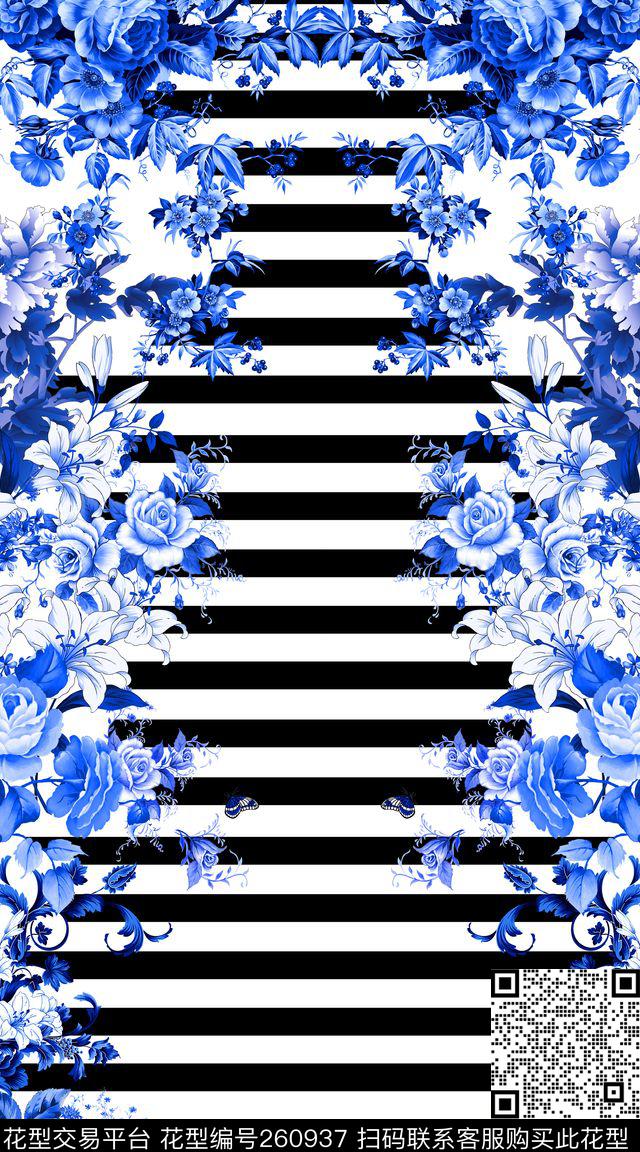 黑白横条纹青花数码印花华亿平台下载（图片编号: 260937） - 瓦栏（Walan）
