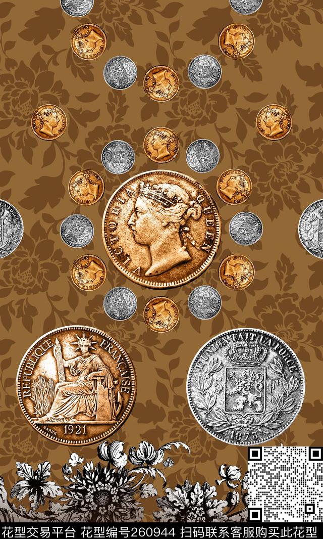 定位硬币花卉数码印花华亿平台下载（图片编号: 260944） - 瓦栏（Walan）