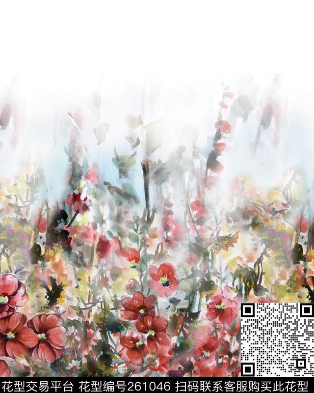 花卉定位淡雅数码印花华亿平台下载（图片编号: 261046） - 瓦栏（Walan）