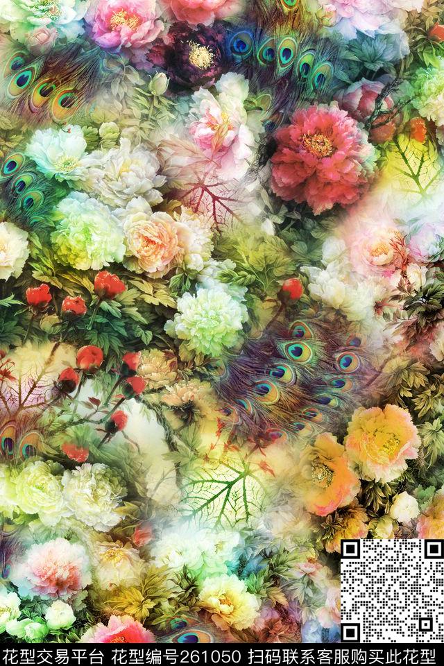牡丹羽毛炫彩数码印花华亿平台下载（图片编号: 261050） - 瓦栏（Walan）