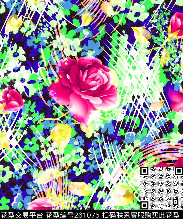 花卉线条律动传统印花华亿平台下载（图片编号: 261075） - 瓦栏（Walan）