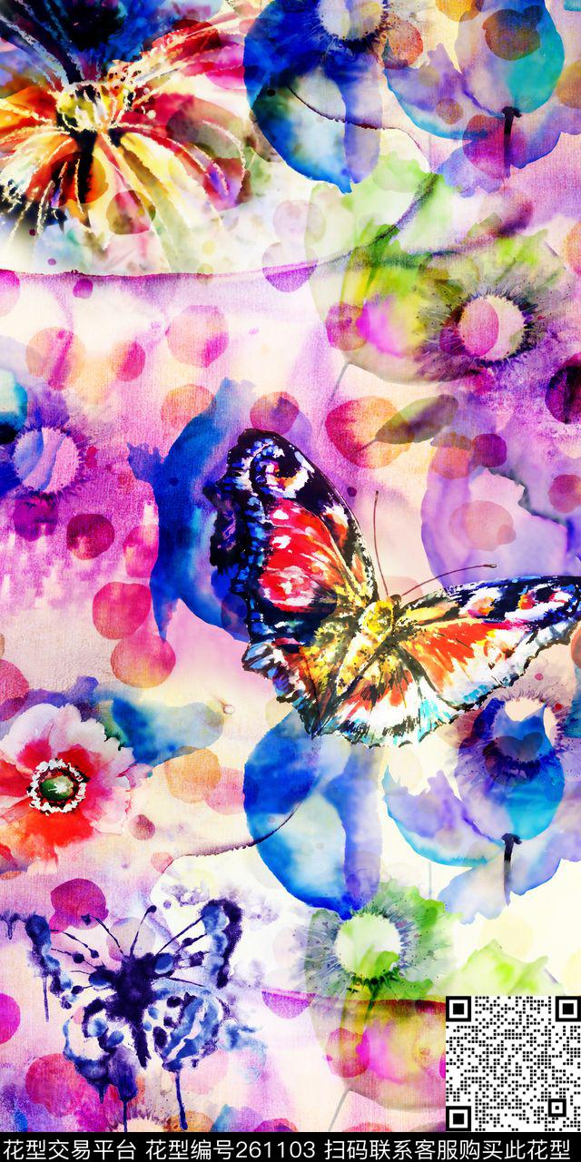 花卉蝴蝶炫彩数码印花华亿平台下载（图片编号: 261103） - 瓦栏（Walan）