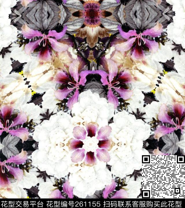 花卉对称淡雅数码印花华亿平台下载（图片编号: 261155） - 瓦栏（Walan）