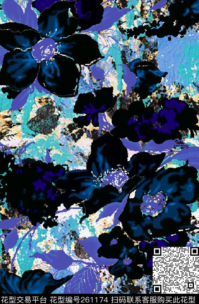 花卉油画蓝调数码印花华亿平台下载（图片编号: 261174） - 瓦栏（Walan）