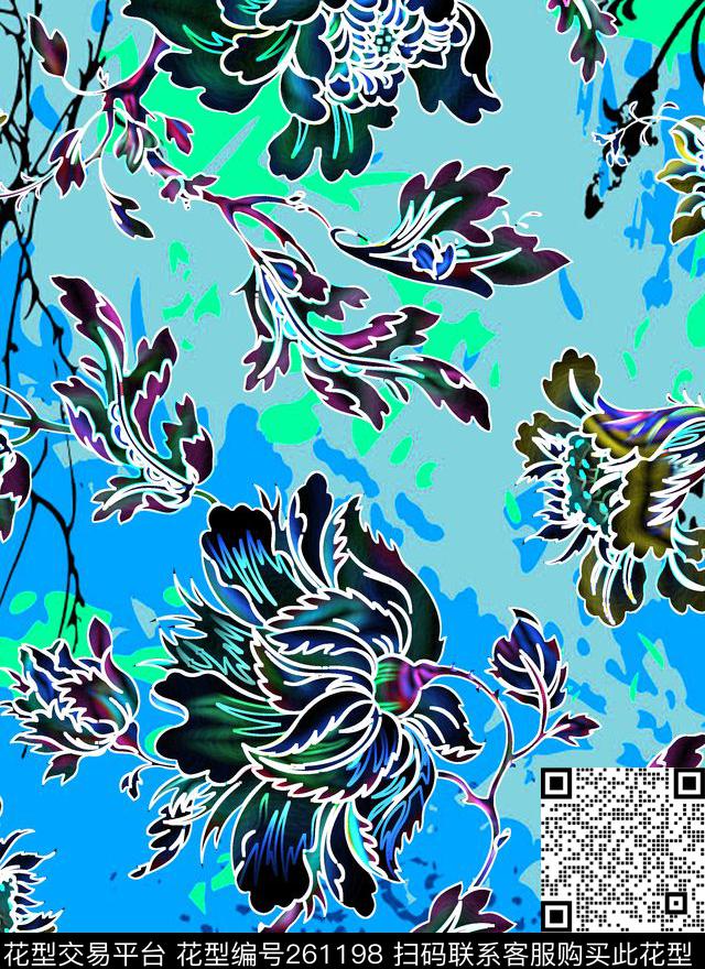 花卉剪影创意数码印花华亿平台下载（图片编号: 261198） - 瓦栏（Walan）