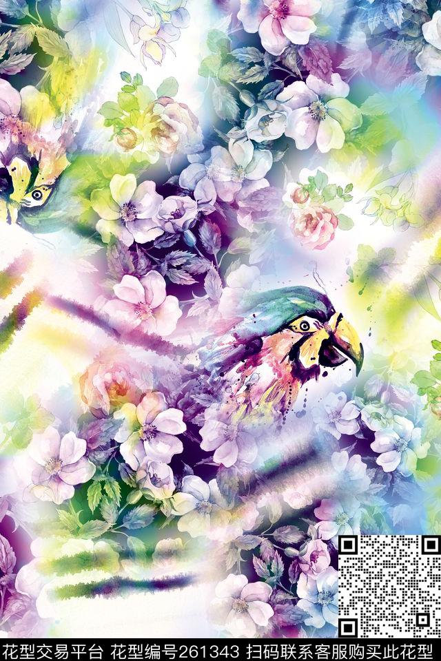 花卉鹦鹉炫彩数码印花华亿平台下载（图片编号: 261343） - 瓦栏（Walan）