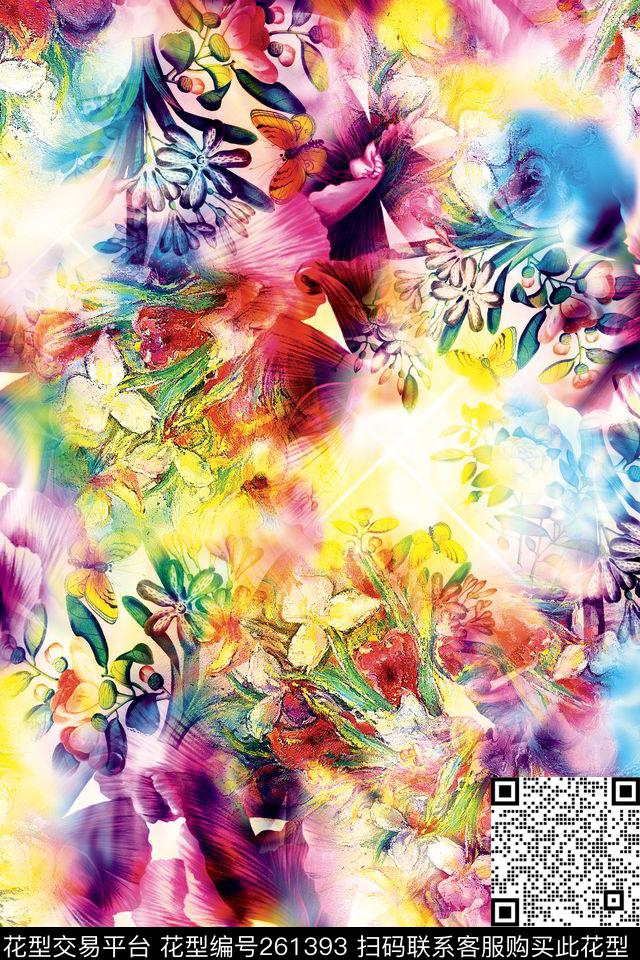花卉水彩明丽数码印花华亿平台下载（图片编号: 261393） - 瓦栏（Walan）