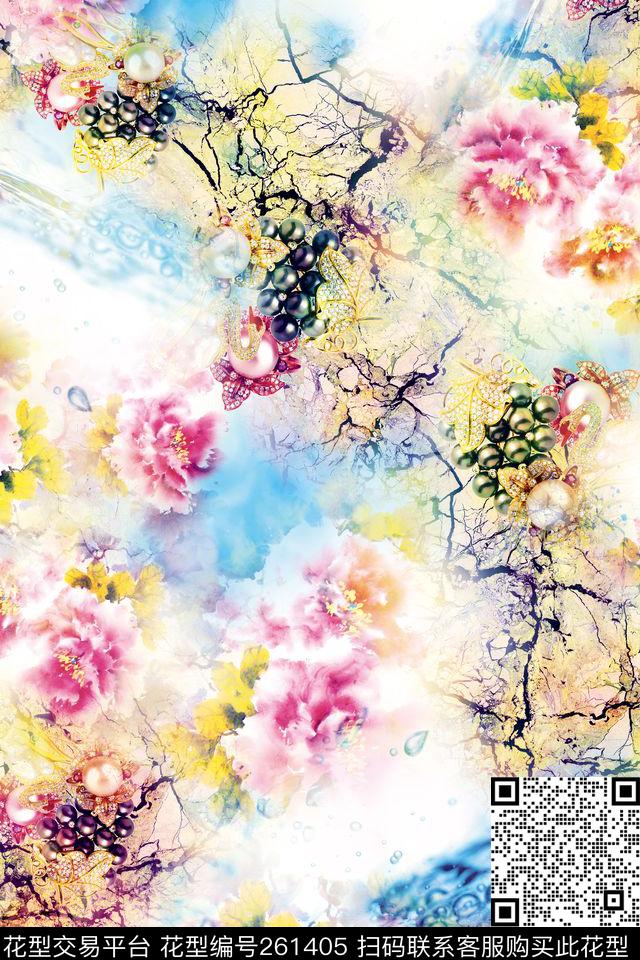 花卉淡雅柔和数码印花华亿平台下载（图片编号: 261405） - 瓦栏（Walan）