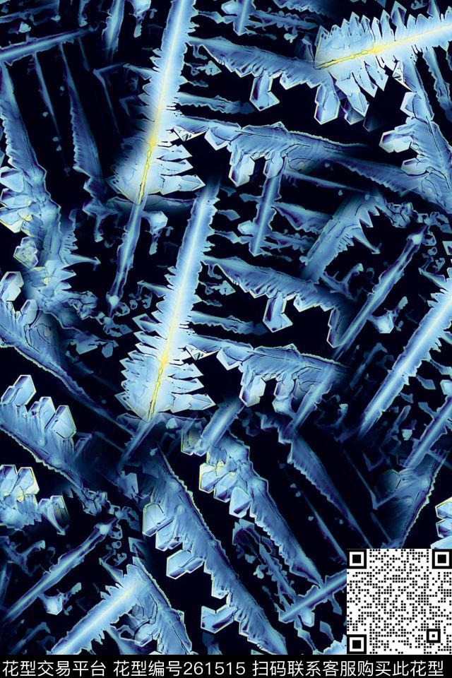 几何肌理拼贴抽象黑底蓝色科技感冰锥感悟抽象数码印花华亿平台下载（图片编号: 261515） - 瓦栏（Walan）