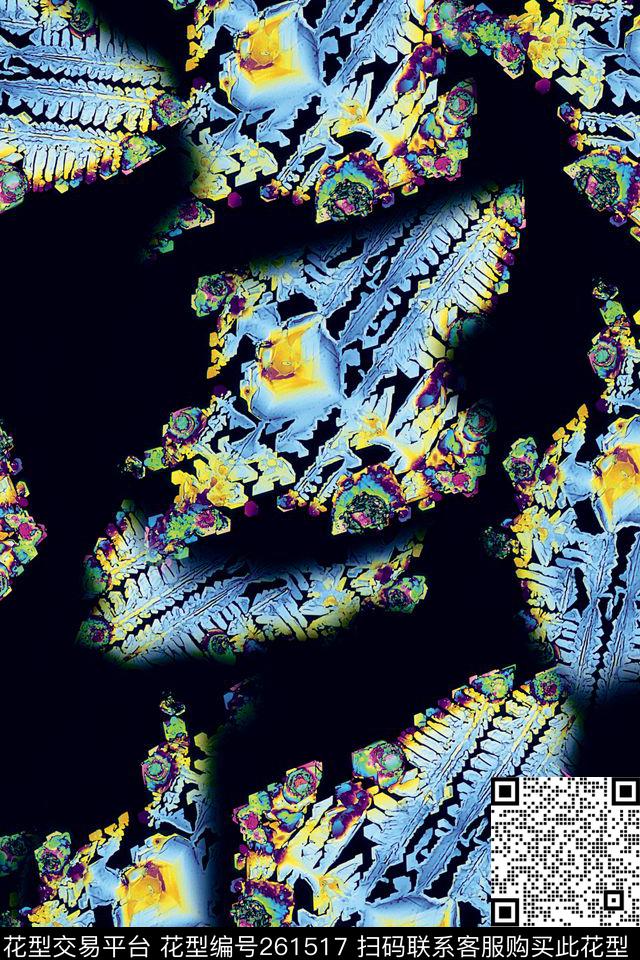 几何肌理拼贴抽象黑底蓝色感悟抽象数码印花华亿平台下载（图片编号: 261517） - 瓦栏（Walan）