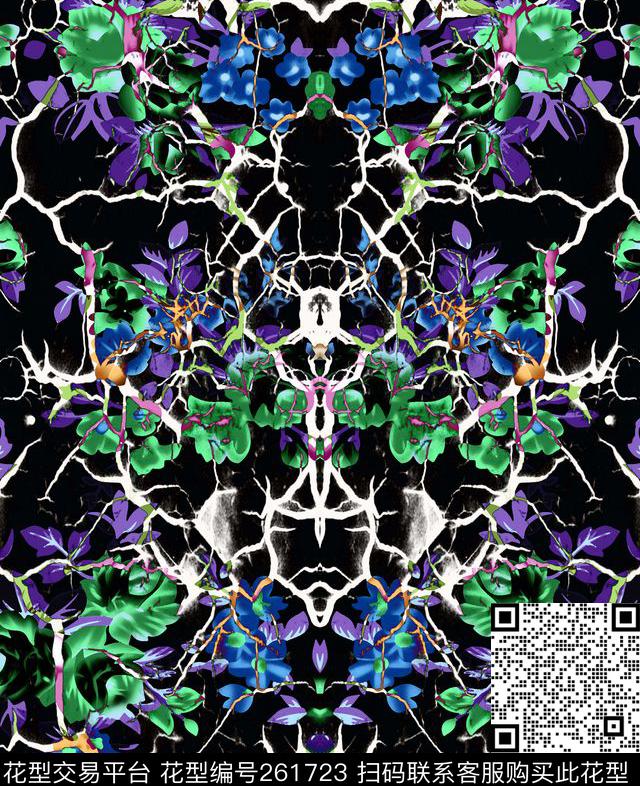 花卉镜像暗底数码印花华亿平台下载（图片编号: 261723） - 瓦栏（Walan）