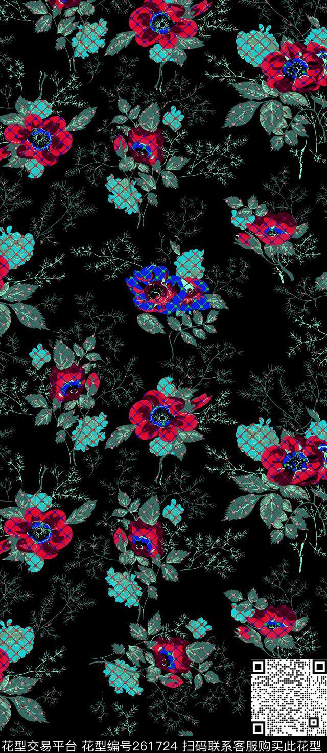 花卉网纹暗底数码印花华亿平台下载（图片编号: 261724） - 瓦栏（Walan）