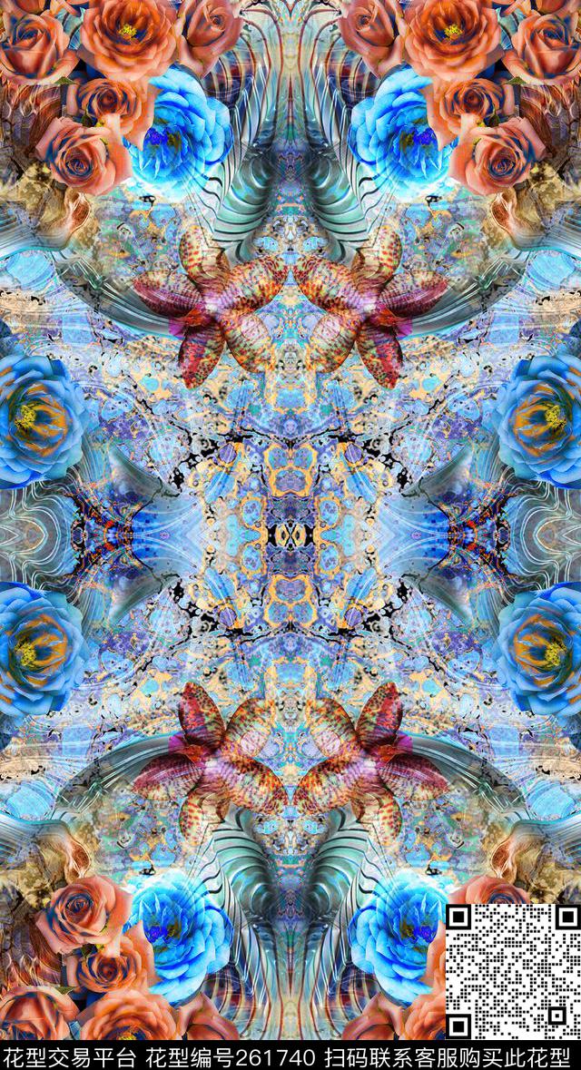 花卉对称多彩数码印花华亿平台下载（图片编号: 261740） - 瓦栏（Walan）