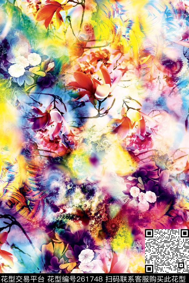 花卉抽象炫彩数码印花华亿平台下载（图片编号: 261748） - 瓦栏（Walan）