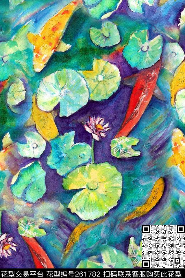 池塘荷叶鱼数码印花华亿平台下载（图片编号: 261782） - 瓦栏（Walan）