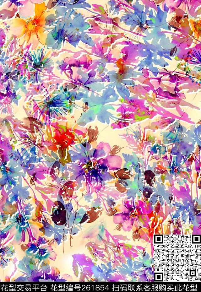 花卉写意满地数码印花华亿平台下载（图片编号: 261854） - 瓦栏（Walan）