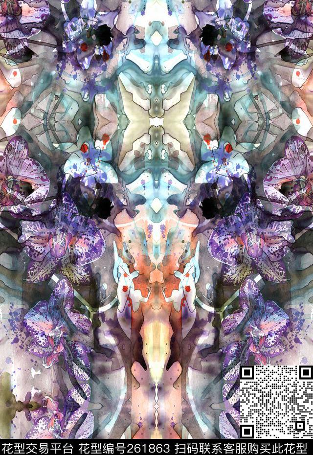 对称抽象花卉数码印花华亿平台下载（图片编号: 261863） - 瓦栏（Walan）