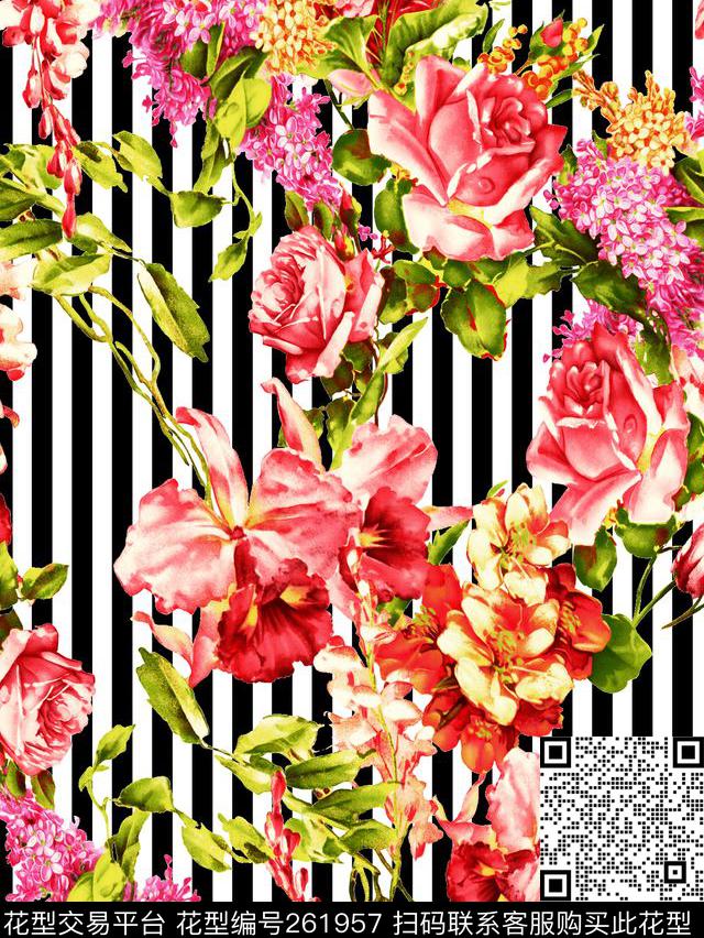 花卉写实条纹数码印花华亿平台下载（图片编号: 261957） - 瓦栏（Walan）