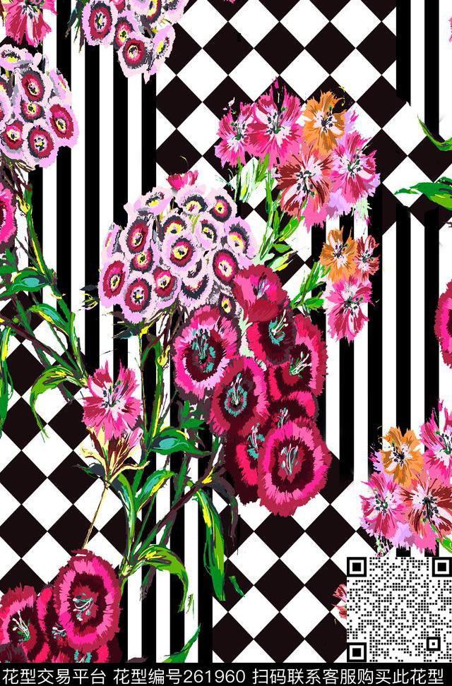 花卉条纹格子传统印花华亿平台下载（图片编号: 261960） - 瓦栏（Walan）