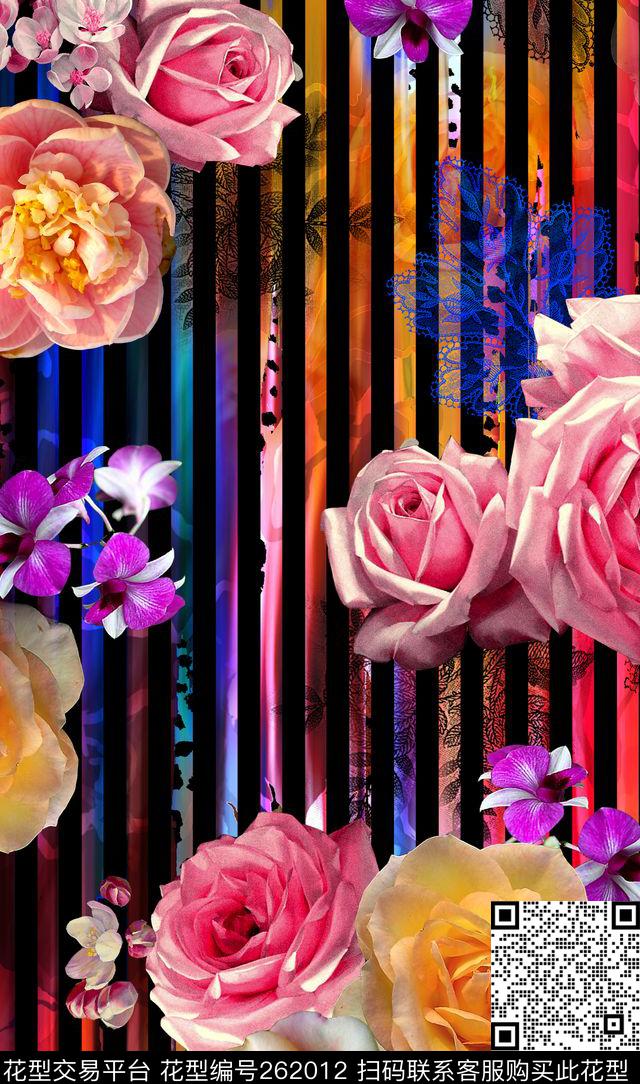 花卉条纹写实数码印花华亿平台下载（图片编号: 262012） - 瓦栏（Walan）