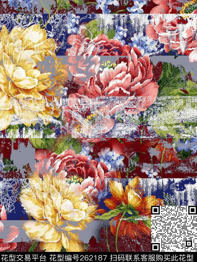 花卉条纹斑驳数码印花华亿平台下载（图片编号: 262187） - 瓦栏（Walan）