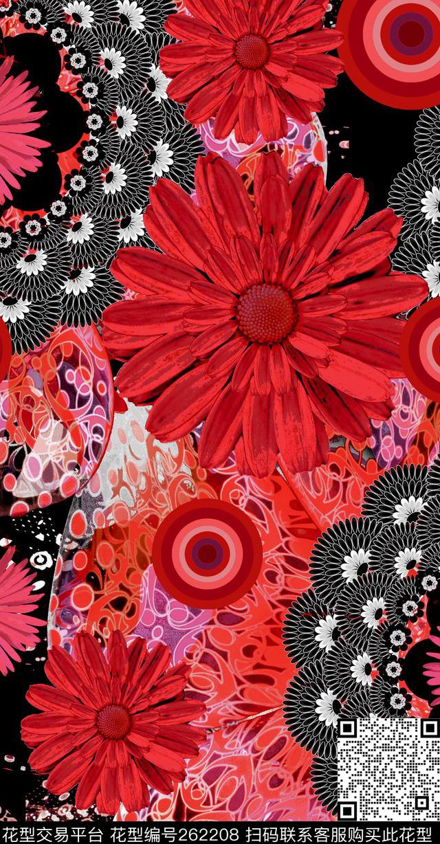 花卉大花黑红数码印花华亿平台下载（图片编号: 262208） - 瓦栏（Walan）