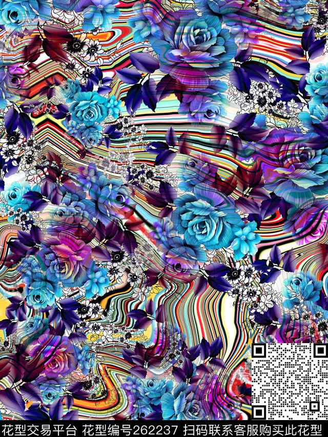 花卉抽象线条数码印花华亿平台下载（图片编号: 262237） - 瓦栏（Walan）