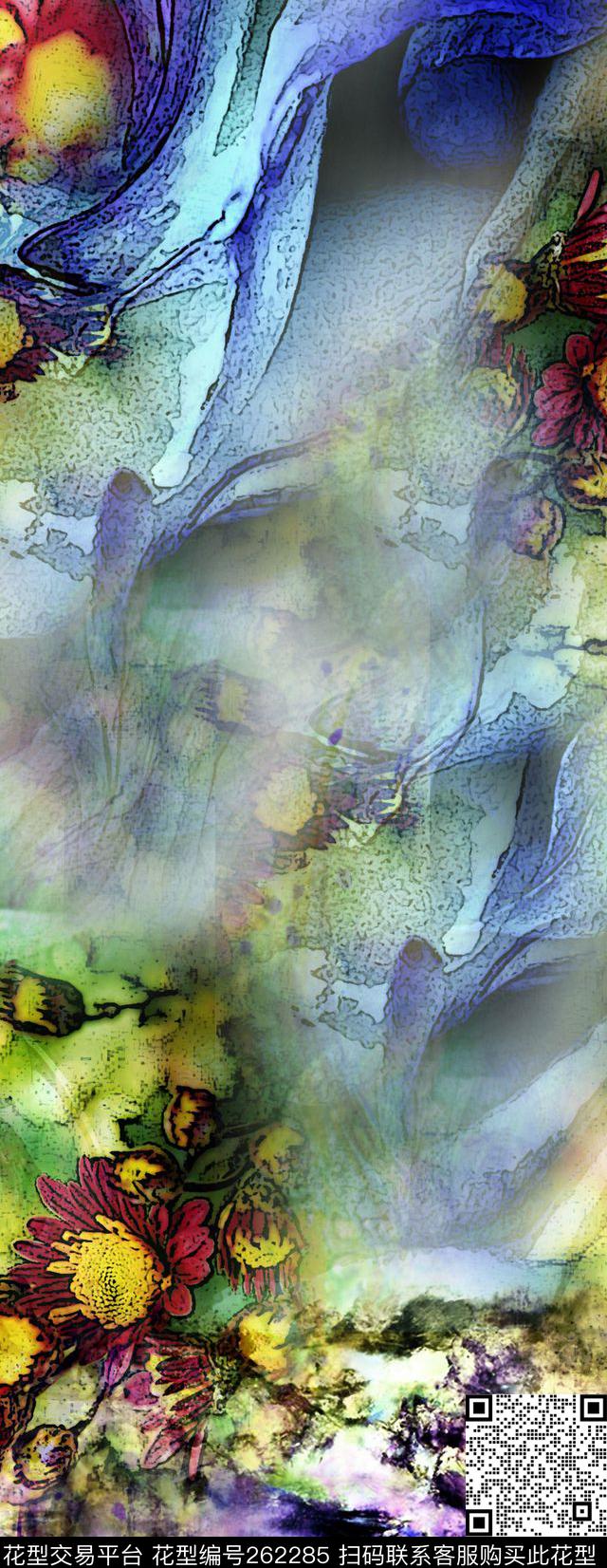 花卉抽象定位数码印花华亿平台下载（图片编号: 262285） - 瓦栏（Walan）