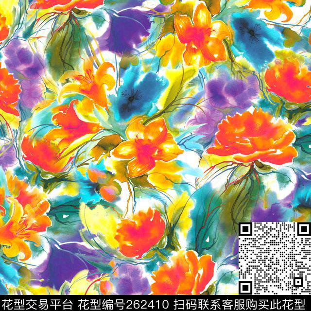 花卉水彩满版数码印花华亿平台下载（图片编号: 262410） - 瓦栏（Walan）
