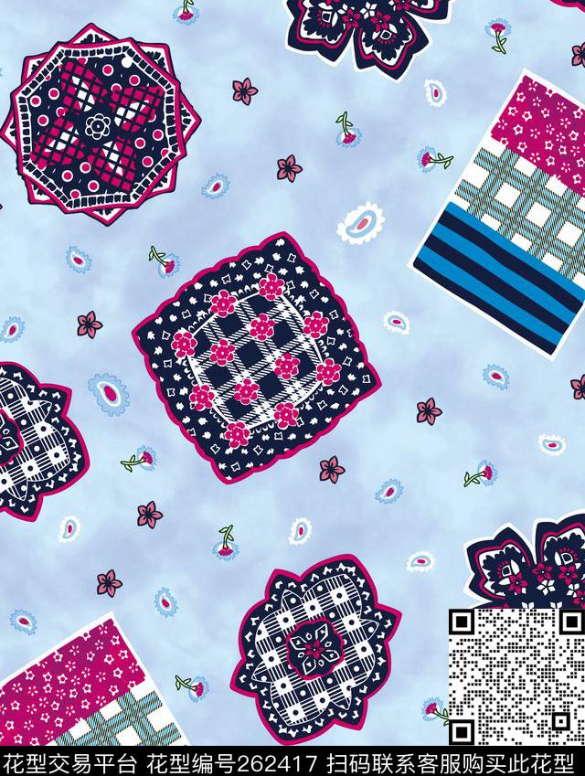 花卉拼贴几何传统印花华亿平台下载（图片编号: 262417） - 瓦栏（Walan）