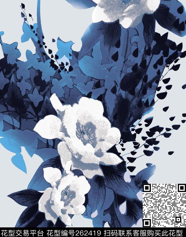 花卉定位水墨传统印花华亿平台下载（图片编号: 262419） - 瓦栏（Walan）