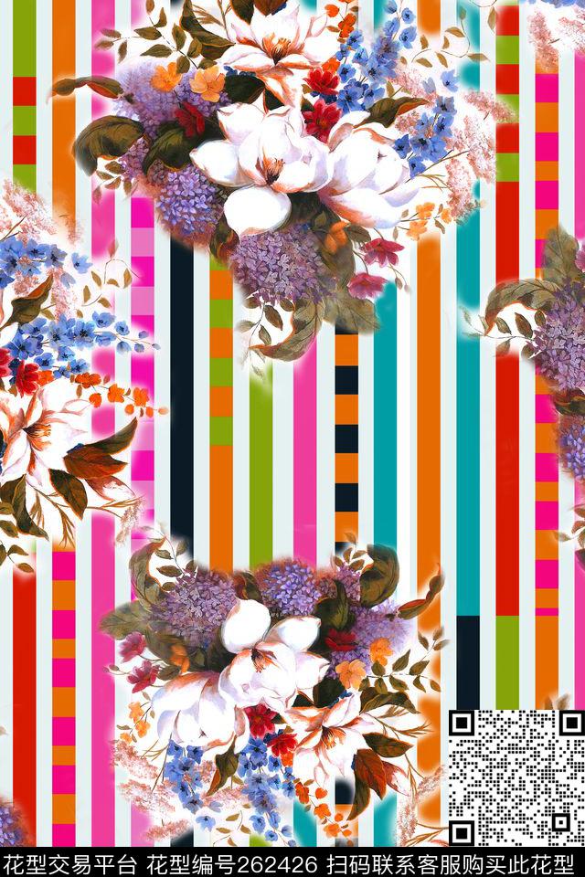 花卉条纹格子数码印花华亿平台下载（图片编号: 262426） - 瓦栏（Walan）