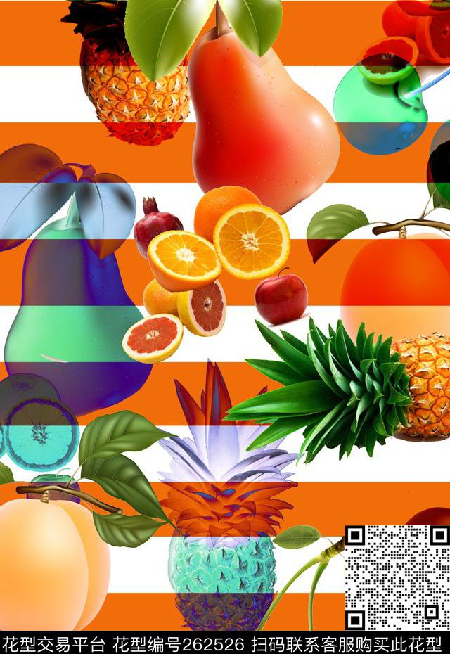 条纹水果组合数码印花华亿平台下载（图片编号: 262526） - 瓦栏（Walan）