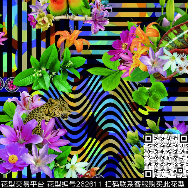 花卉动物条纹数码印花华亿平台下载（图片编号: 262611） - 瓦栏（Walan）
