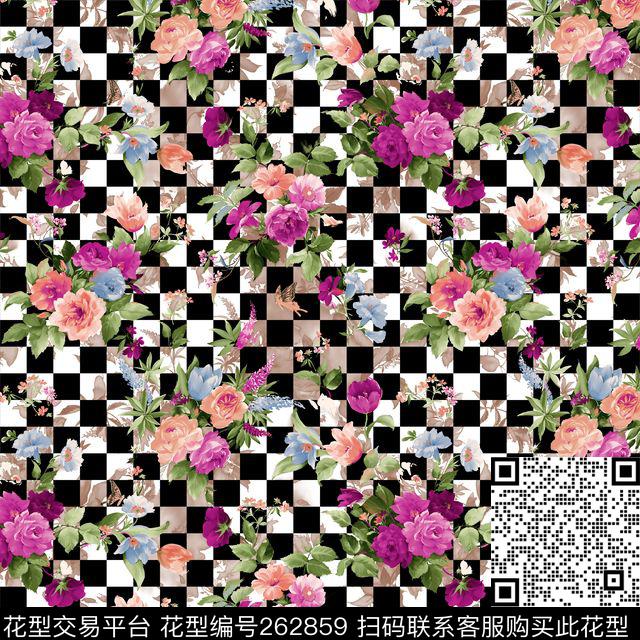 花卉格子组合数码印花华亿平台下载（图片编号: 262859） - 瓦栏（Walan）