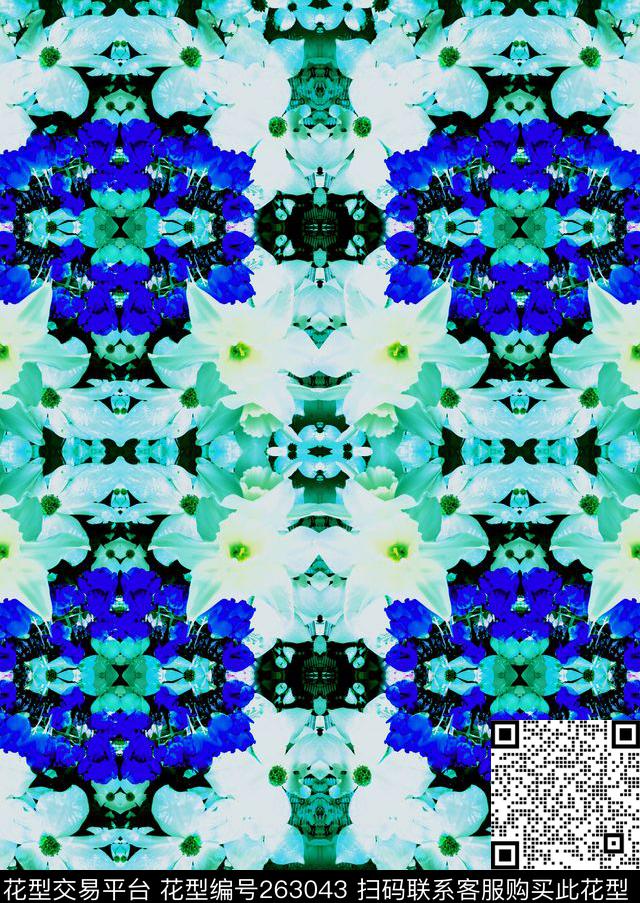 花卉对称满版数码印花华亿平台下载（图片编号: 263043） - 瓦栏（Walan）