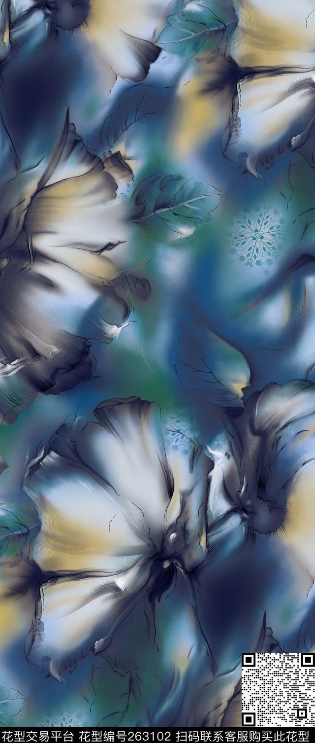花卉水墨手绘数码印花华亿平台下载（图片编号: 263102） - 瓦栏（Walan）