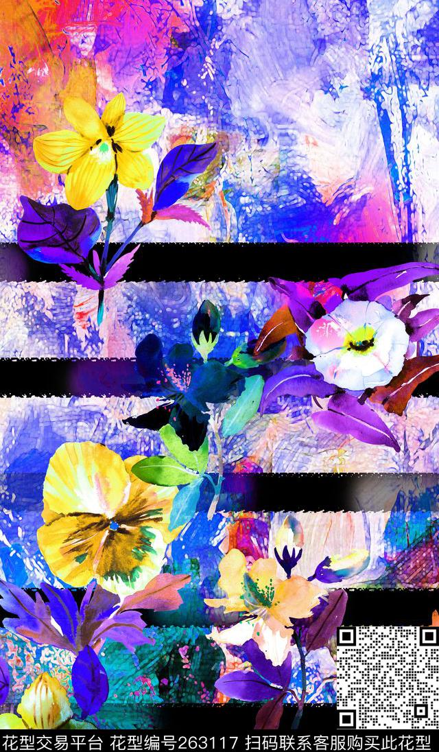 花卉抽象条纹数码印花华亿平台下载（图片编号: 263117） - 瓦栏（Walan）