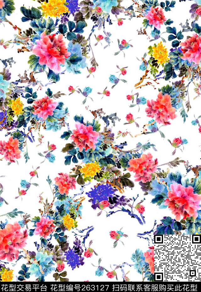 花卉水墨淡雅数码印花华亿平台下载（图片编号: 263127） - 瓦栏（Walan）