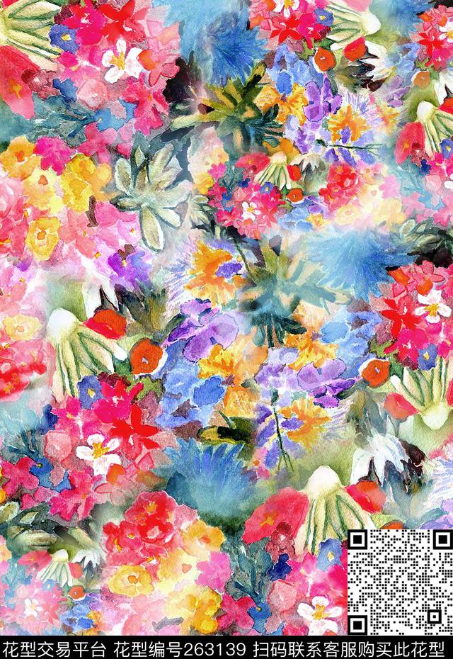 花卉水彩明丽数码印花华亿平台下载（图片编号: 263139） - 瓦栏（Walan）