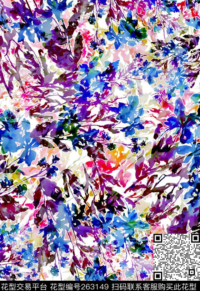 花卉水彩明丽数码印花华亿平台下载（图片编号: 263149） - 瓦栏（Walan）