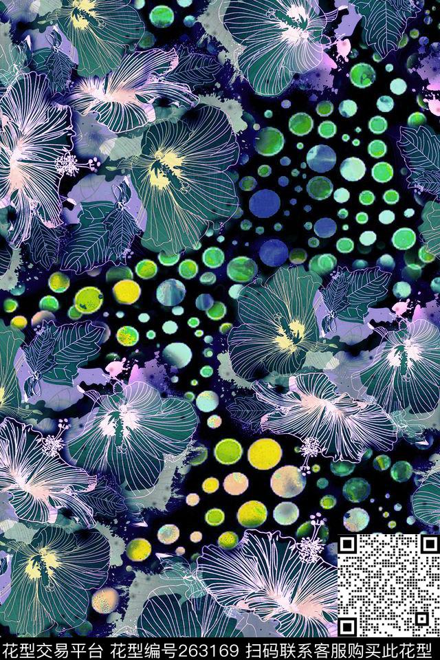 花卉圆点组合数码印花华亿平台下载（图片编号: 263169） - 瓦栏（Walan）