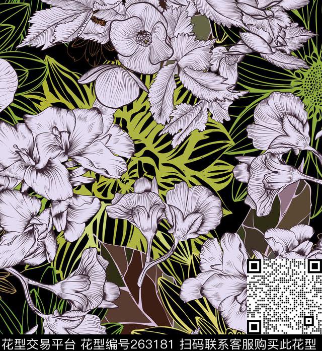 花卉水墨复古数码印花华亿平台下载（图片编号: 263181） - 瓦栏（Walan）