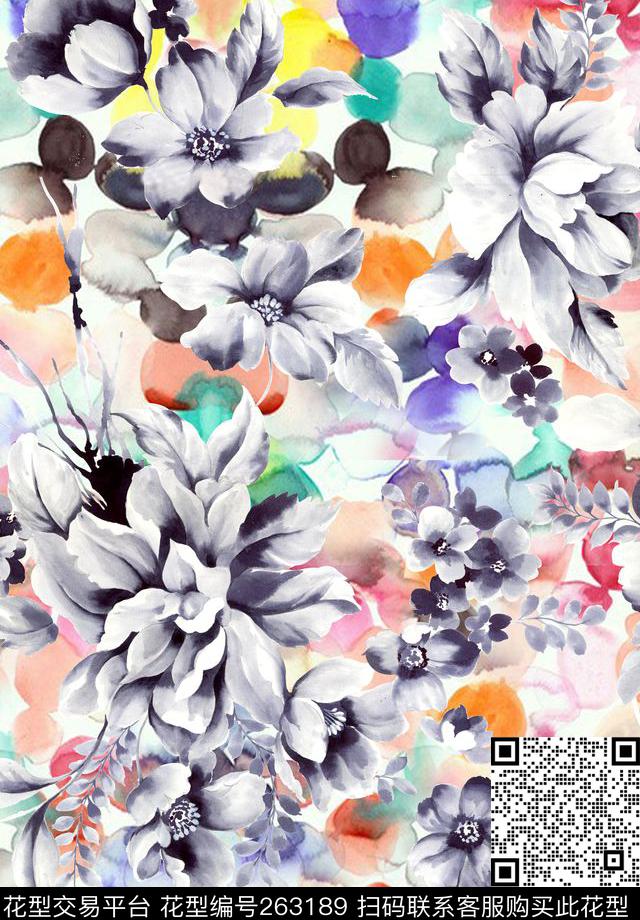 花卉水墨淡雅数码印花华亿平台下载（图片编号: 263189） - 瓦栏（Walan）