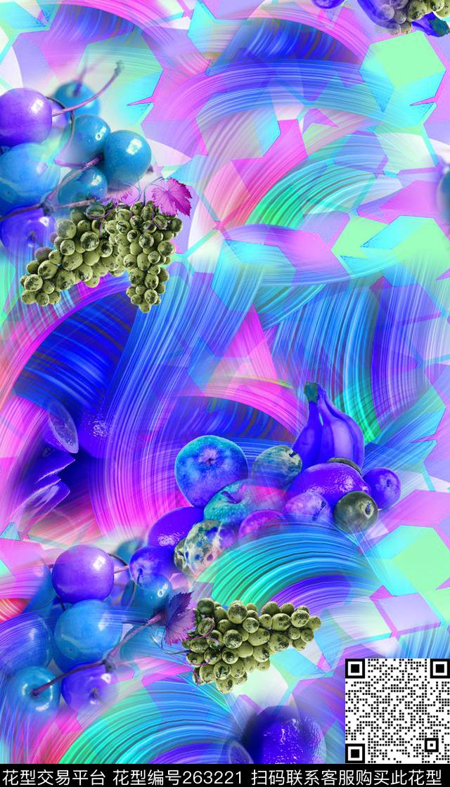 水果几何组合数码印花华亿平台下载（图片编号: 263221） - 瓦栏（Walan）